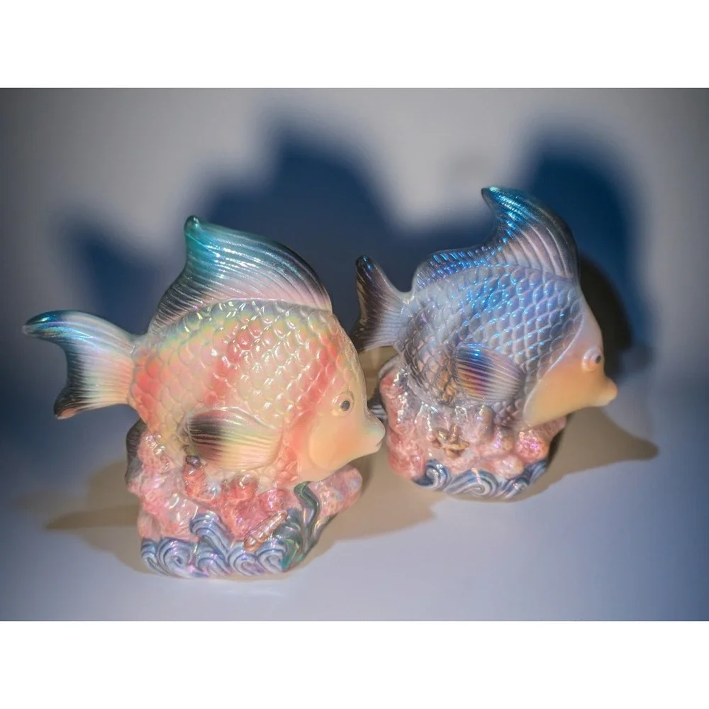 2 VTG Iridescent Pearl Lusterware Porcelain Kitsch Under The Sea Fish Figurines